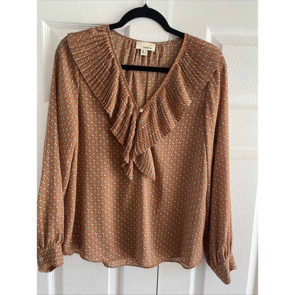 The Korner Ruffle V-Neck Blouse Womens Small Brown Floral Pleated Long Sleeve